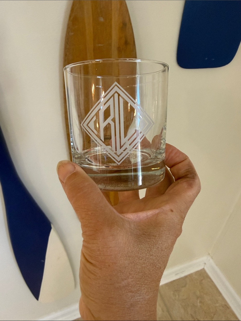 Ralph Lauren Clear Glass Tumbler with White Etched Monogram